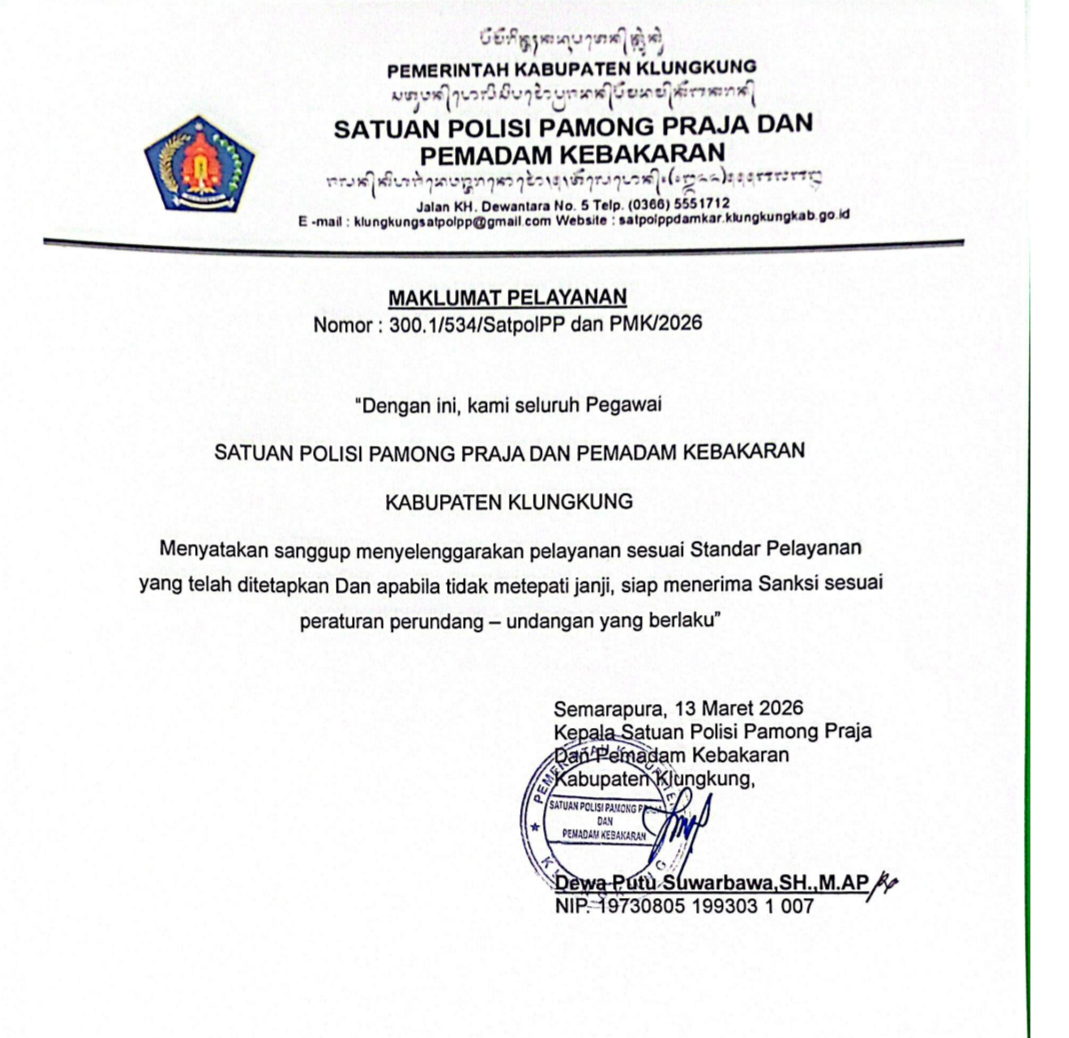 Maklumat Pelayanan Satuan Polisi Pamong Praja dan Pemadam Kebakaran Kabupaten Klungkung